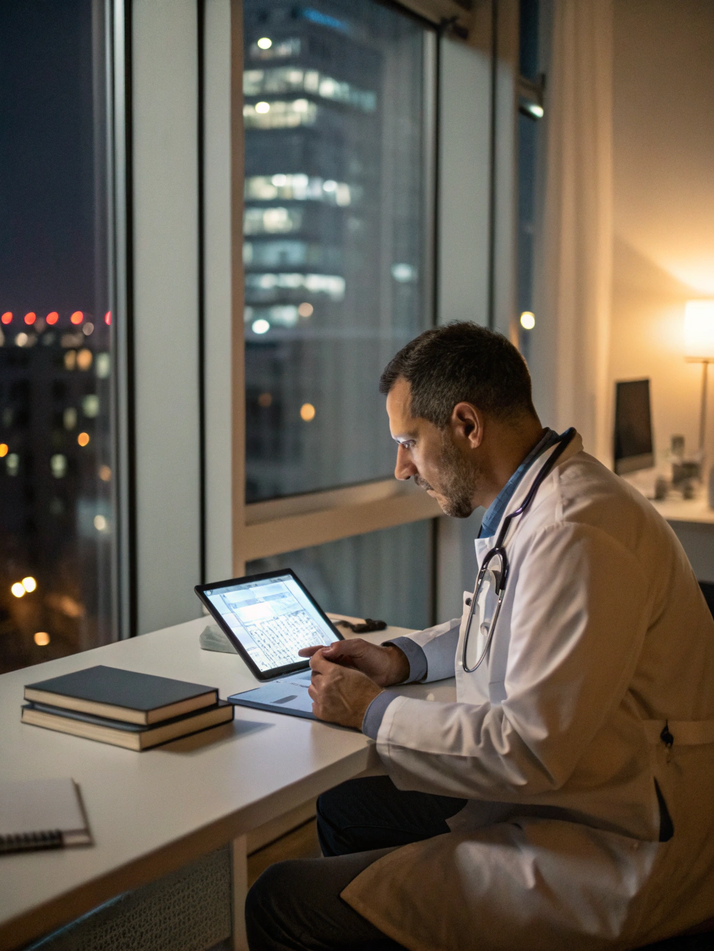 Nigerian physician reviewing patient metabolic data on a tablet in a modern clinic