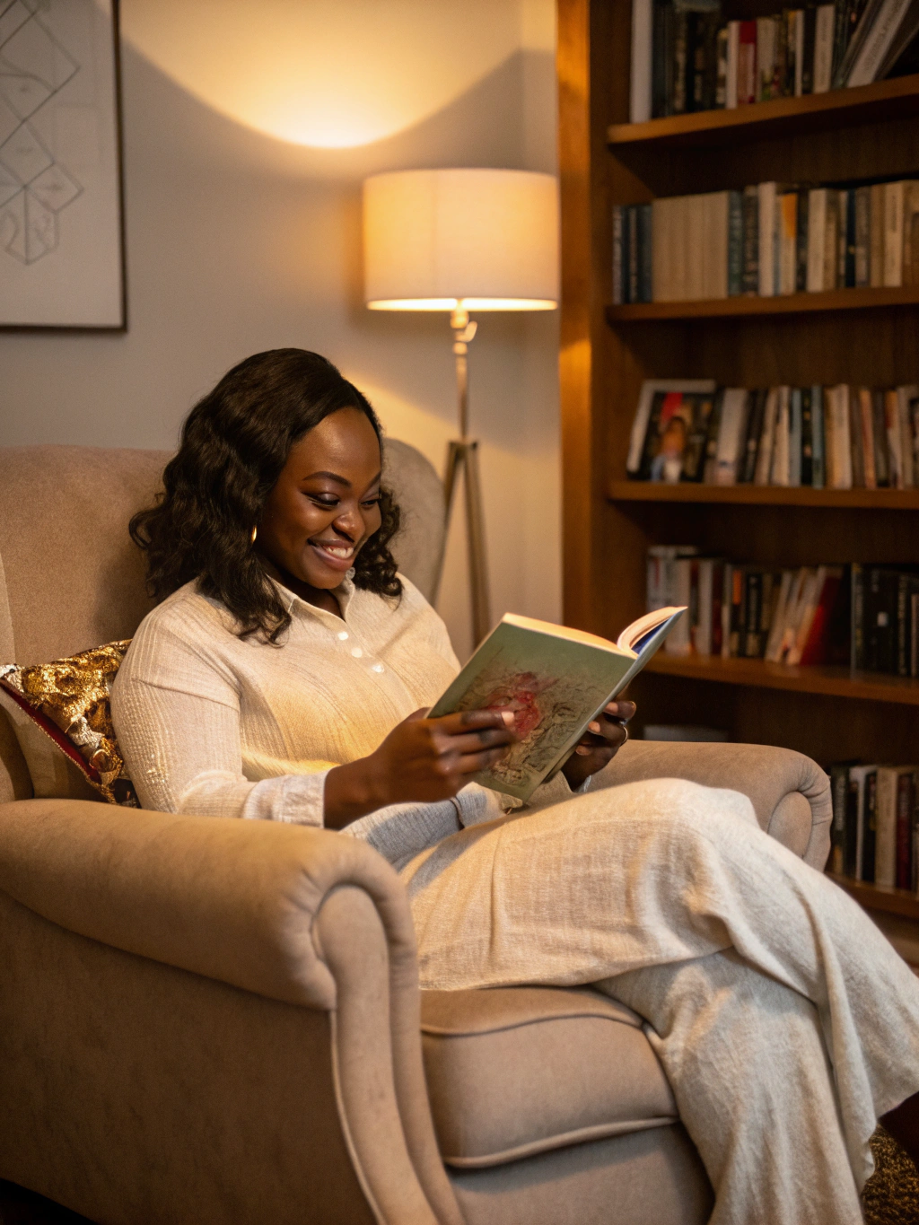 Busayo S. smiling indoors with warm ambient lighting