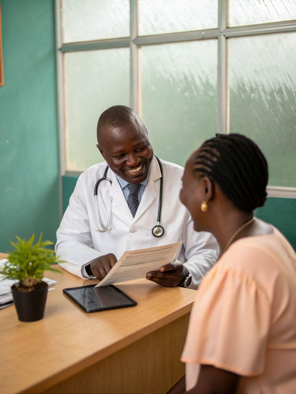 Senior physician reviewing medical charts during a telehealth consultation